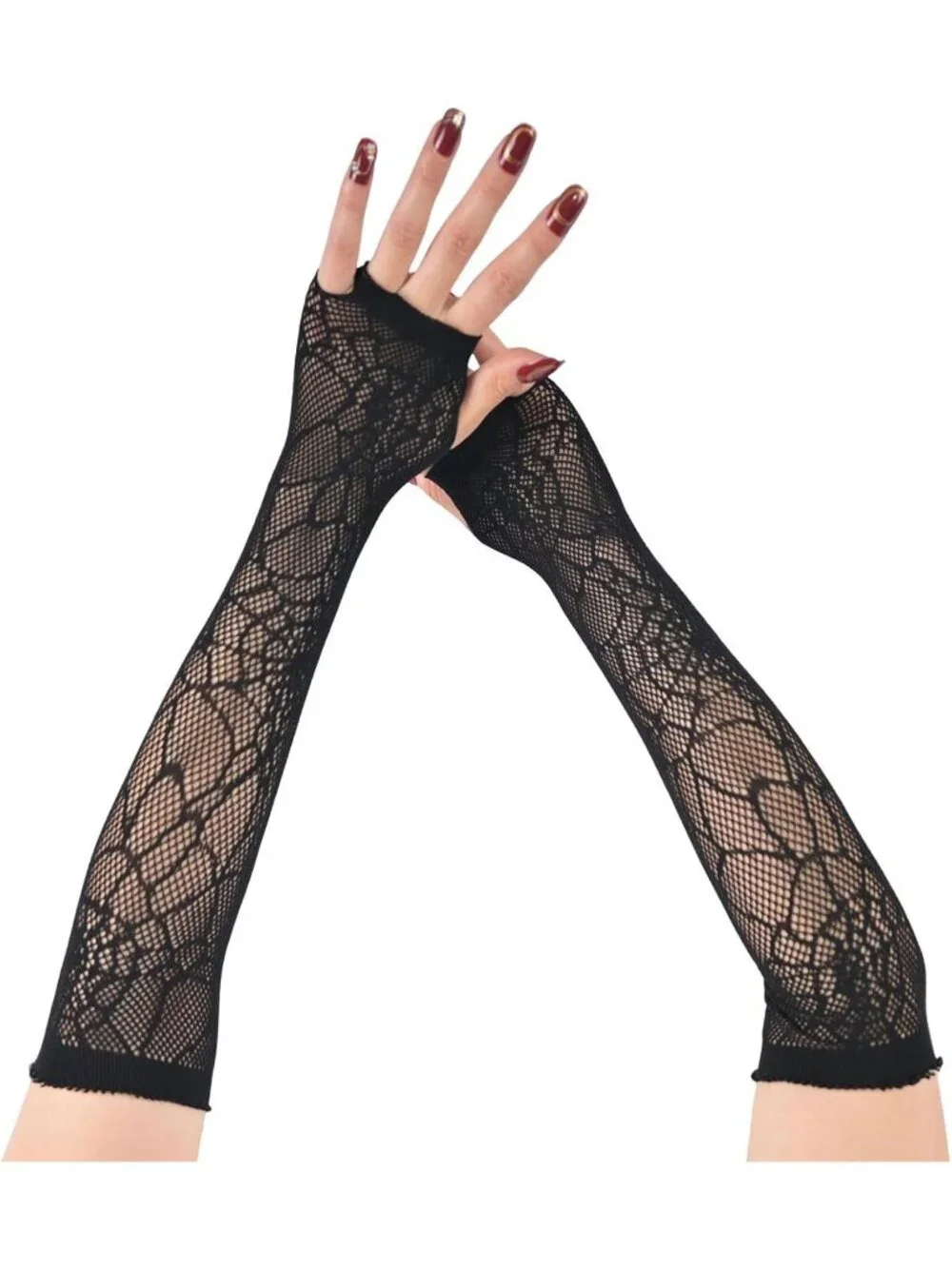 Women's Black Long Spider Web Fishnet Fingerless Gothic Cosplay Gloves